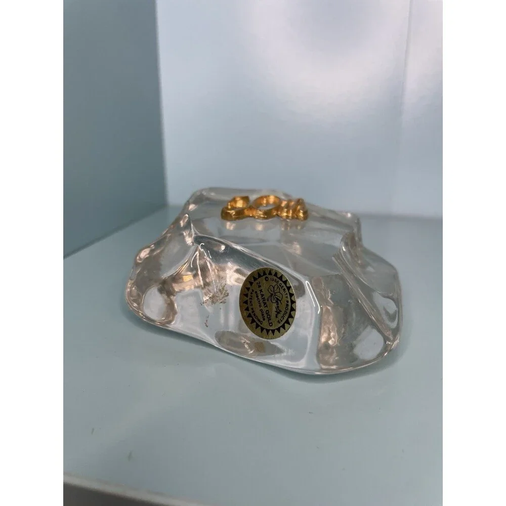 1986 MCM 24k Gold 50th Anniversary Paperweight | Art Deco Glass Paperweight